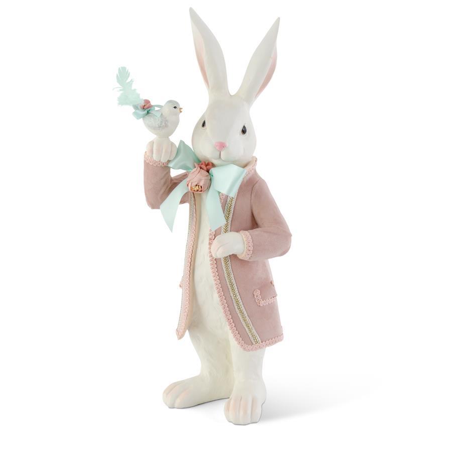 21 ¼" Resin Easter Bunny in Pink Velvet Coat With Bird (Store Pick Up Only)