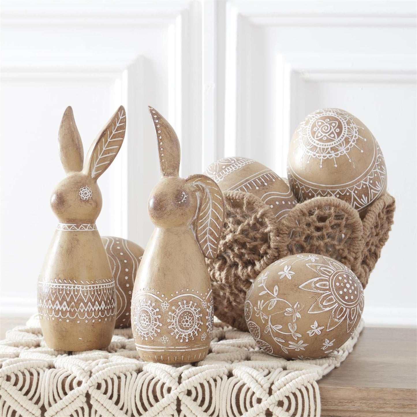 Tan Resin White Carved Bunnies