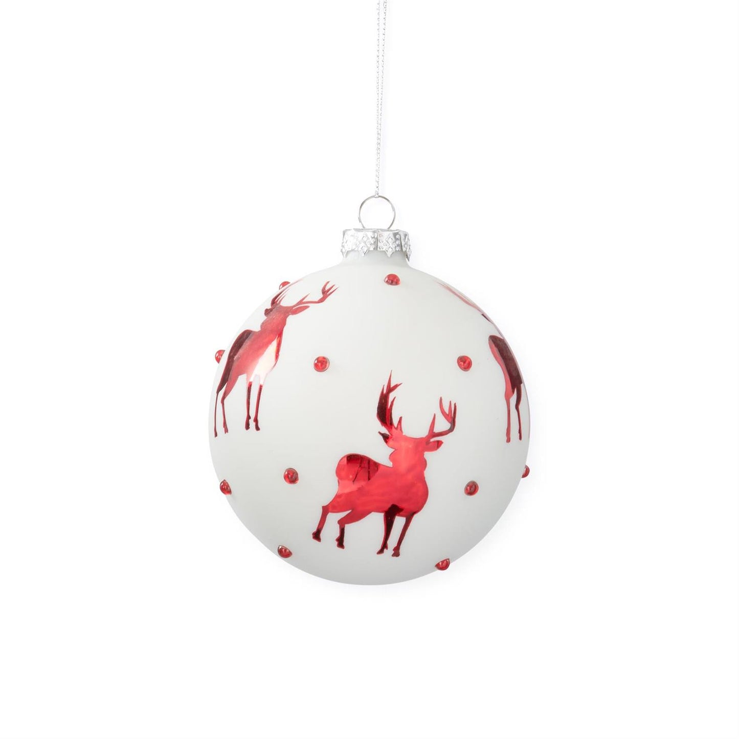 White Glass Ornament with Red Reindeer & Crystals