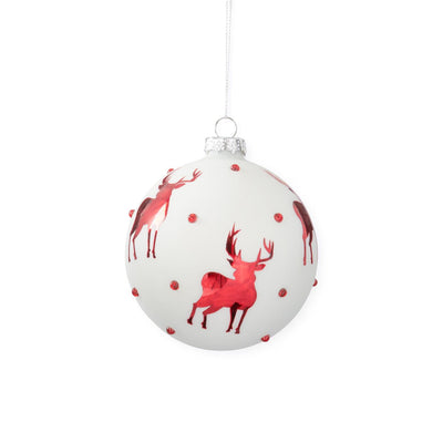 White Glass Ornament with Red Reindeer & Crystals