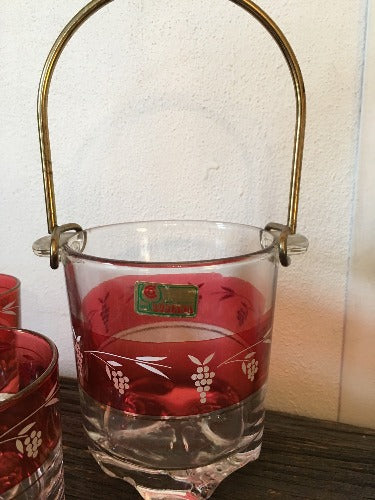 Vintage Ruby Glass Ice Bucket and Cup Set - Spa Lubiana Italy ice bucket