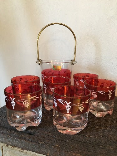 Vintage Ruby Glass Ice Bucket and Cup Set - Spa Lubiana Italy