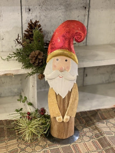 Wooden Santa With Metal Red Foil Hat