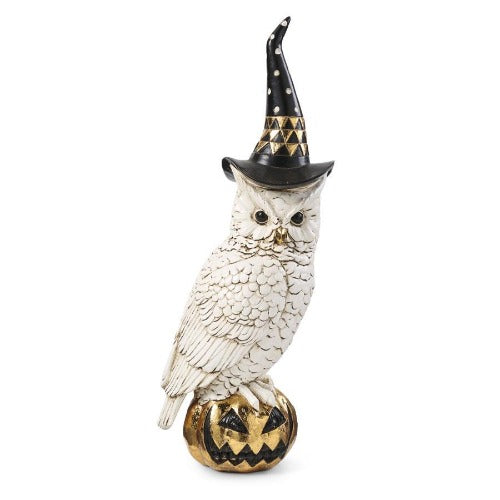 White and Gold Owl With Witch Hat on Gold Jack O'Lantern