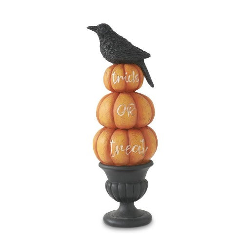 Resin TRICK OR TREAT Pumpkins on Black Urn With Crow