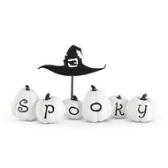 White Resin SPOOKY Pumpkins w/Metal Witch Hat