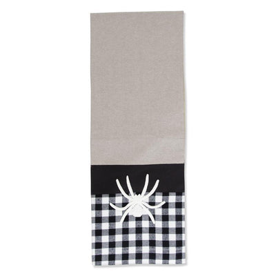 Black Halloween Table Runner w/ White Embroidered Spider & Plaid