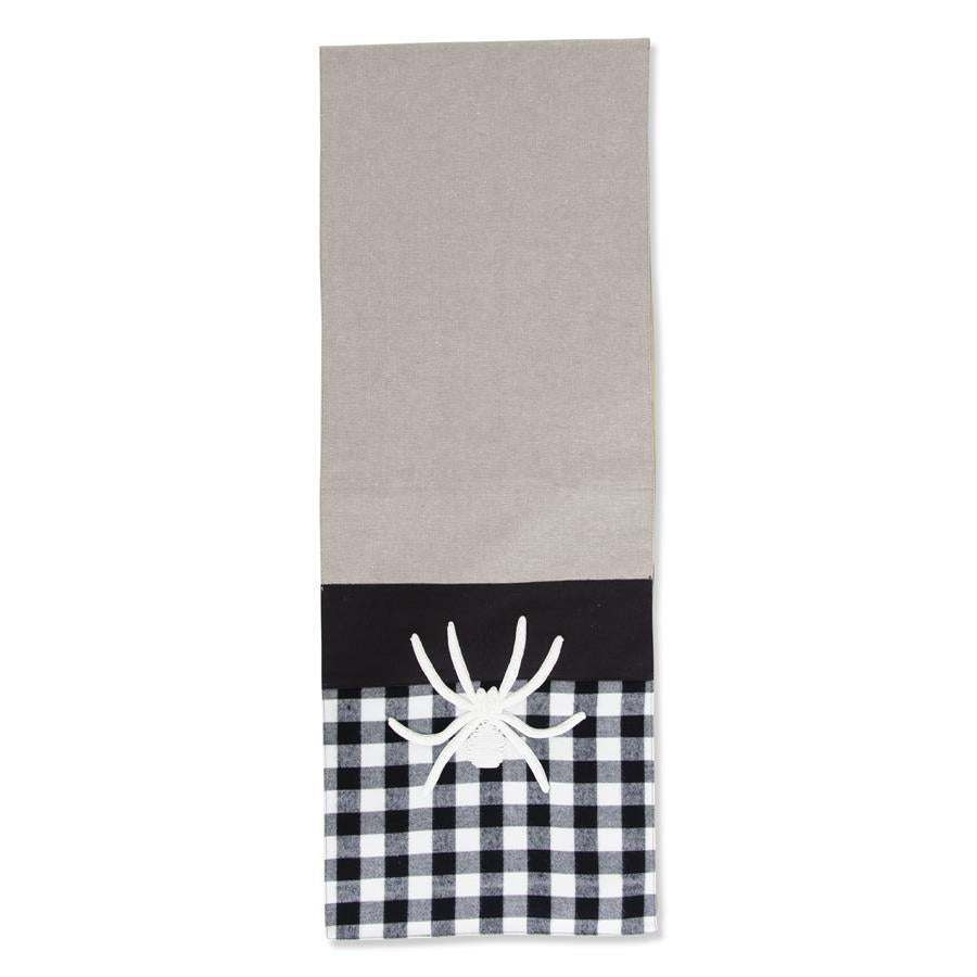 Black Halloween Table Runner w/ White Embroidered Spider & Plaid