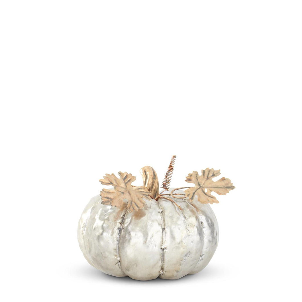 Silver Resin Pumpkin With Metal Leaves