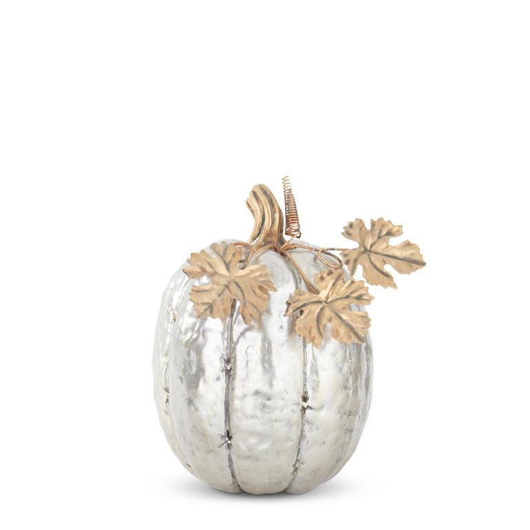 Silver Resin Pumpkin With Metal Leaves