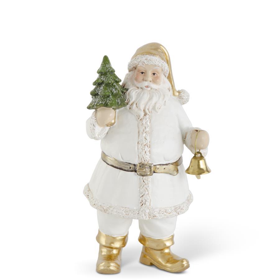 White & Gold Resin Santa With Tree & Bell