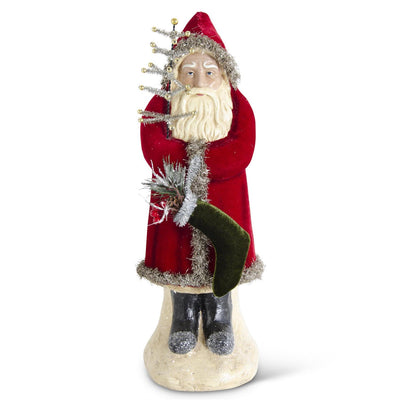 Santa With Dark Red Coat Holding Tree & Stocking