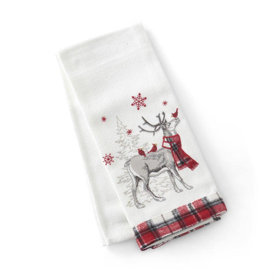 White & Plaid Towel With Embroidered Deer & Cardinals