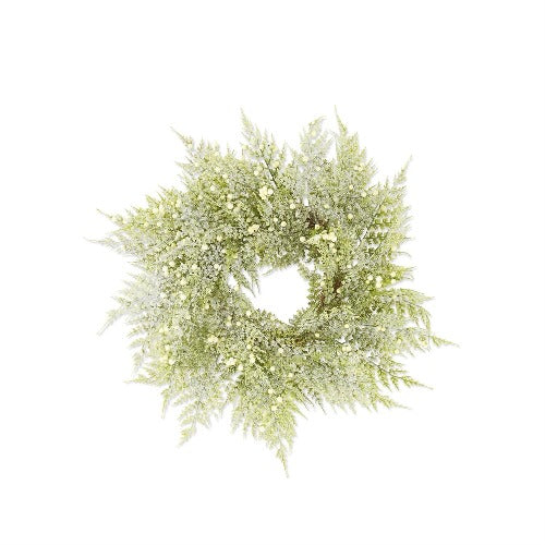 Glittered Snowy Fern Candle Ring With Mini White Berries