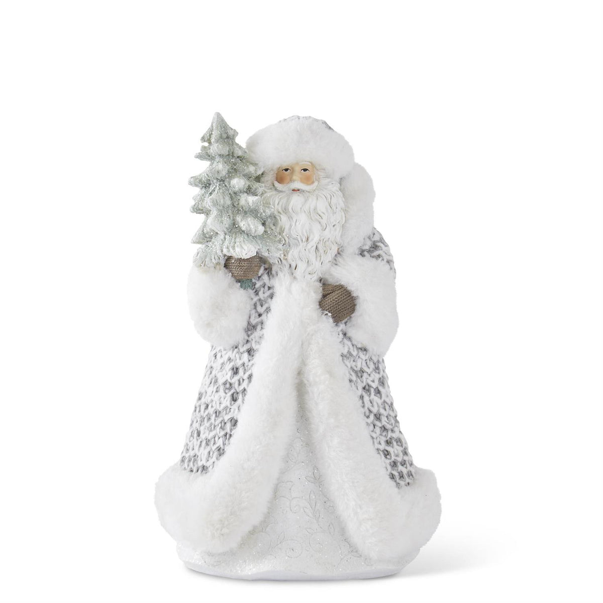 Fur-Trimmed Gray Knit Coat Resin Santa with Glittered Tree