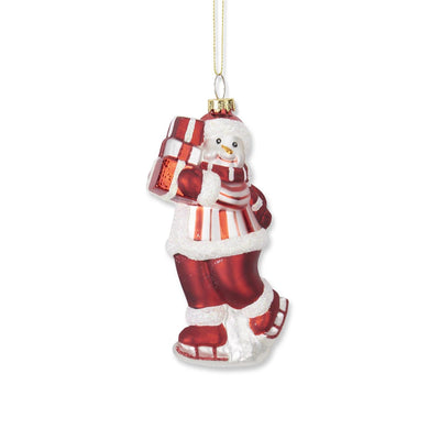 Red & White Glittered Blown Glass Snowman With Package Ornament