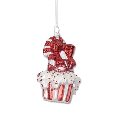 Red & White Blown Glass Cupcake Ornament