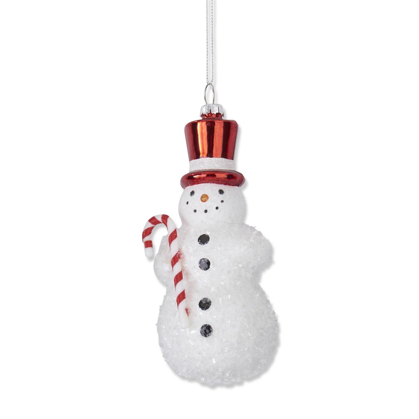 Flocked Snowman Glass Ornament With Red Top Hat & Candy Can