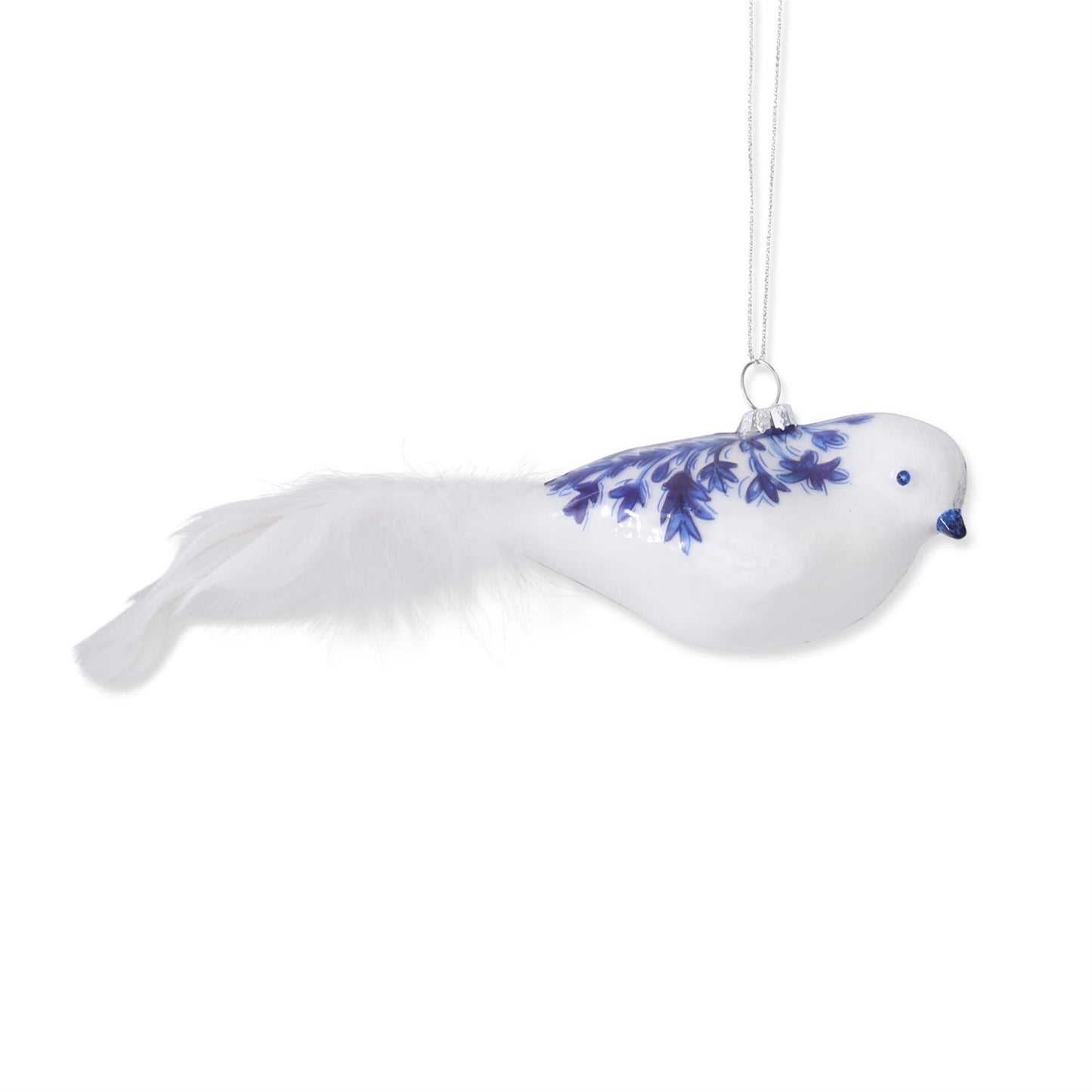 Assorted Blue & White Glass Bird Ornaments With Feather Tails