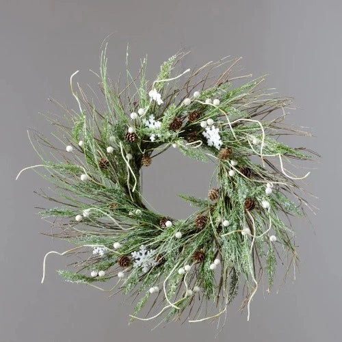 Twig, Frosted Evergreen, Mini Cones, & Snowflakes Wreath