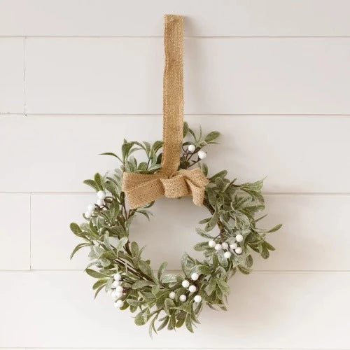 Frosted Mistletoe With Burlap Bow Mini Wreath single