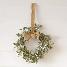 Load image into Gallery viewer, Frosted Mistletoe With Burlap Bow Mini Wreath single
