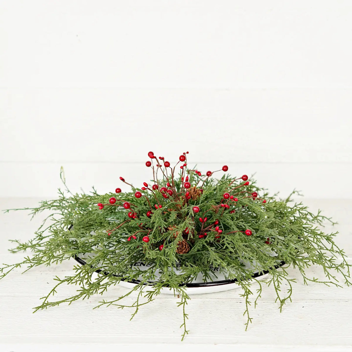 Half-Sphere Wispy Cypress Pine with Red Berries and Pinecones