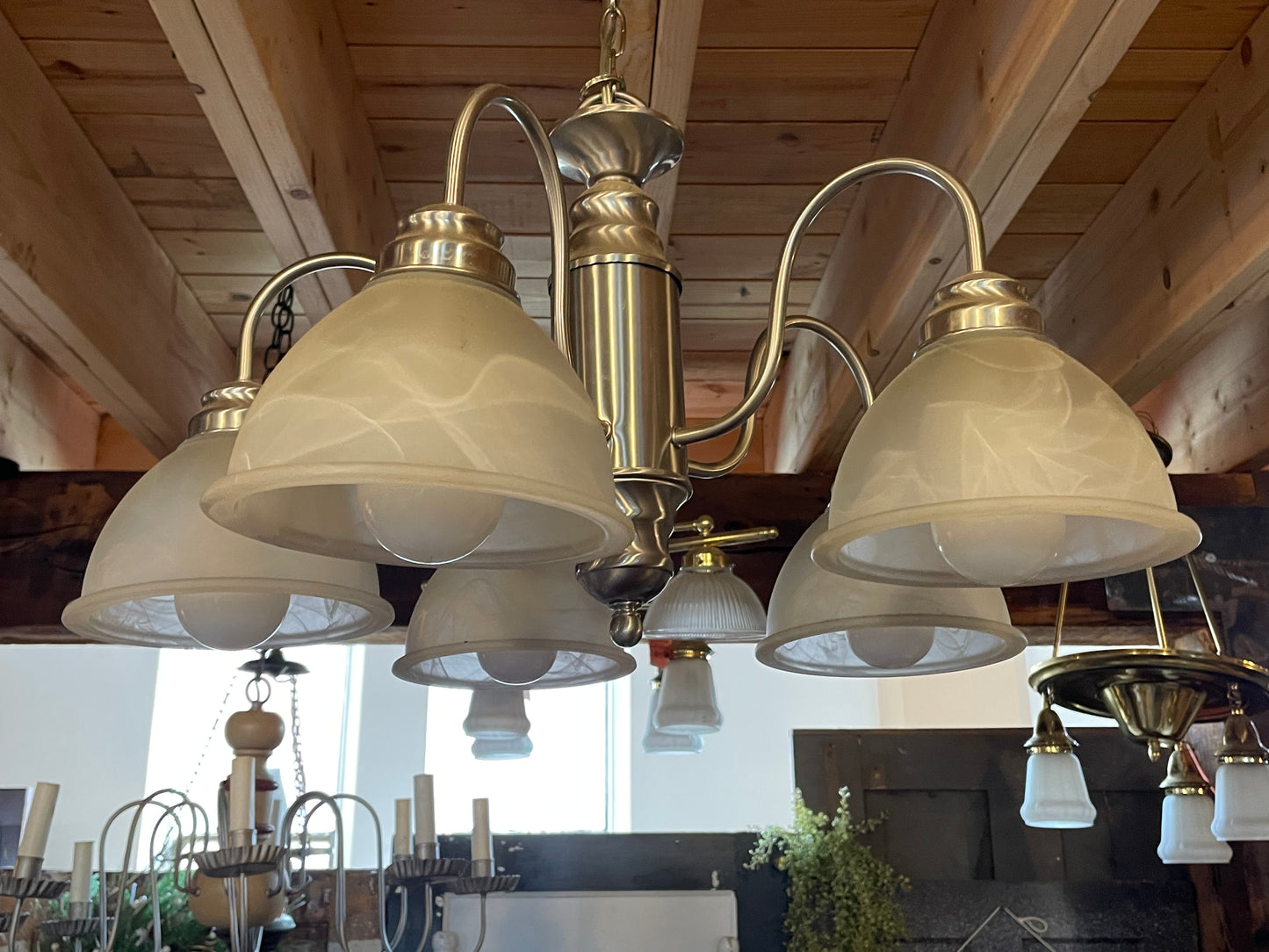 5 Light Brushed Nickle Chandelier with Globes