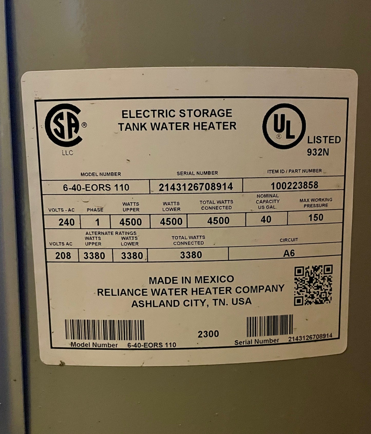 Reliance 40 Gal. Electric Hot Water Heater (Store Pick Up Only)