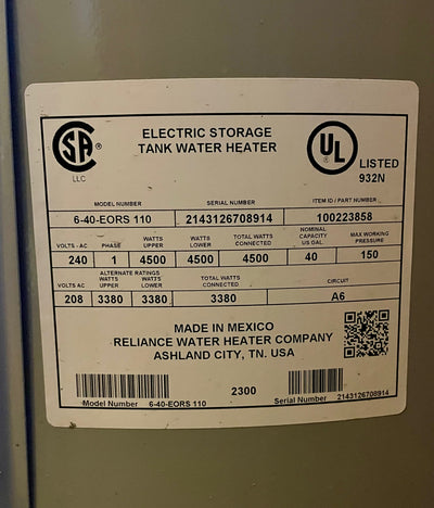Reliance 40 Gal. Electric Hot Water Heater (Store Pick Up Only)