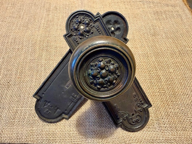 Antique Stamped Brass Sargent & Co Doorknob and Plate Set