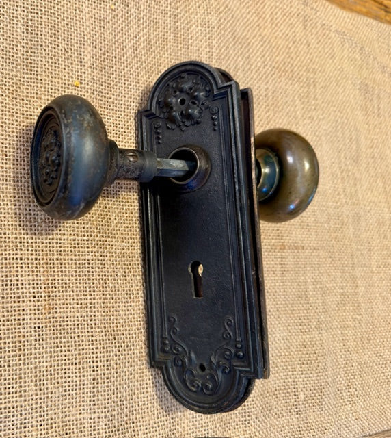 Antique Stamped Brass Sargent & Co Doorknob and Plate Set