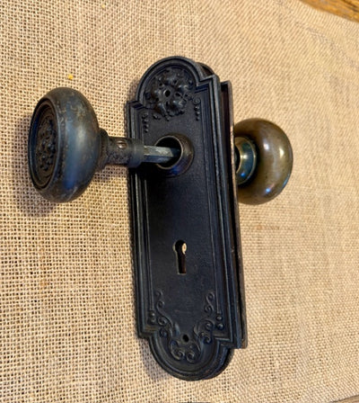 Antique Stamped Brass Sargent & Co Doorknob and Plate Set