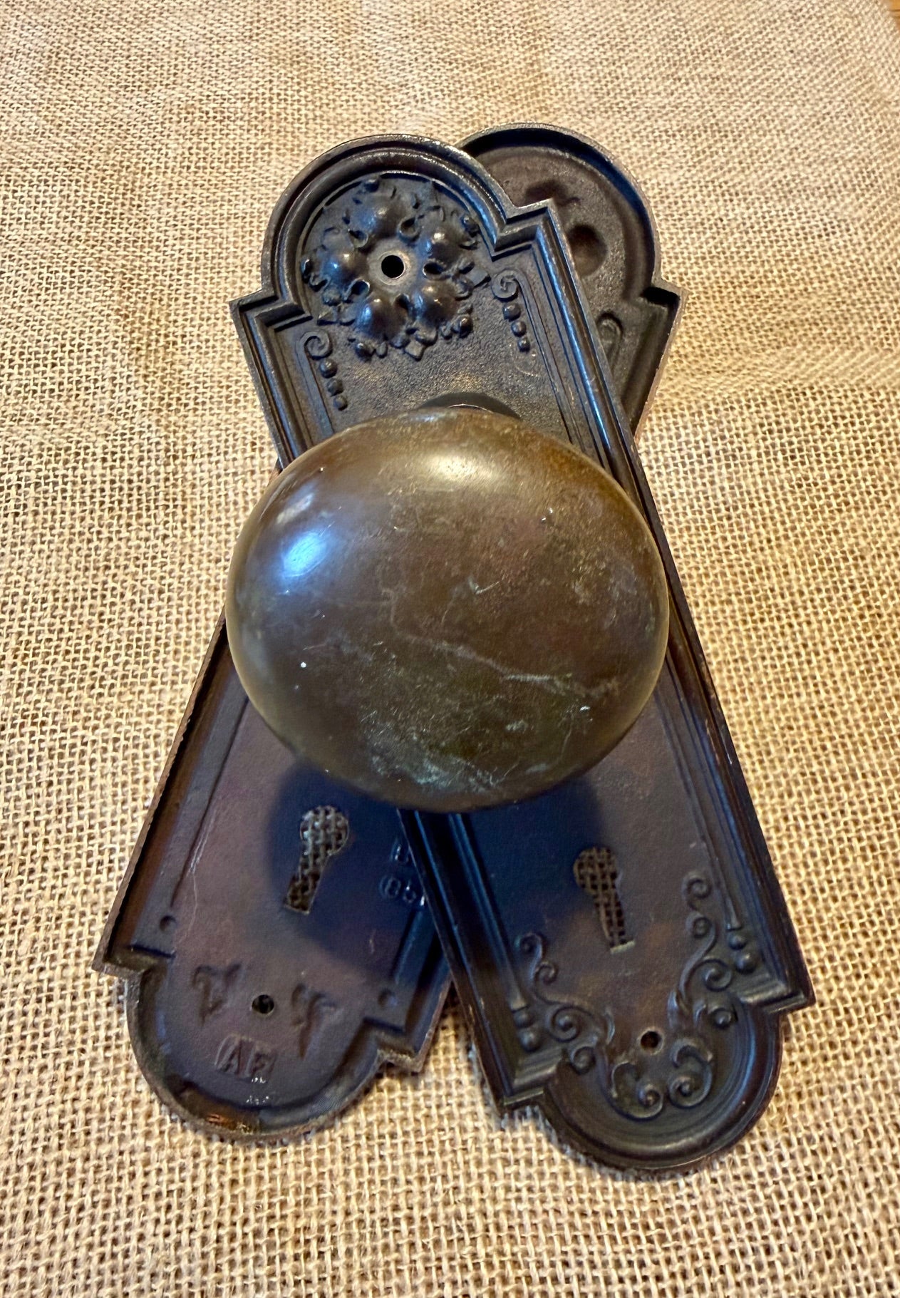 Antique Brass Sargent & Co Doorknob and Plate Set