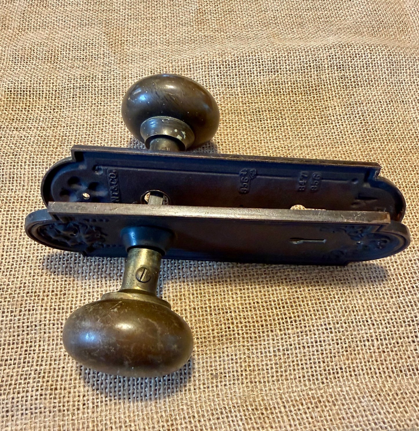 Antique Brass Sargent & Co Doorknob and Plate Set