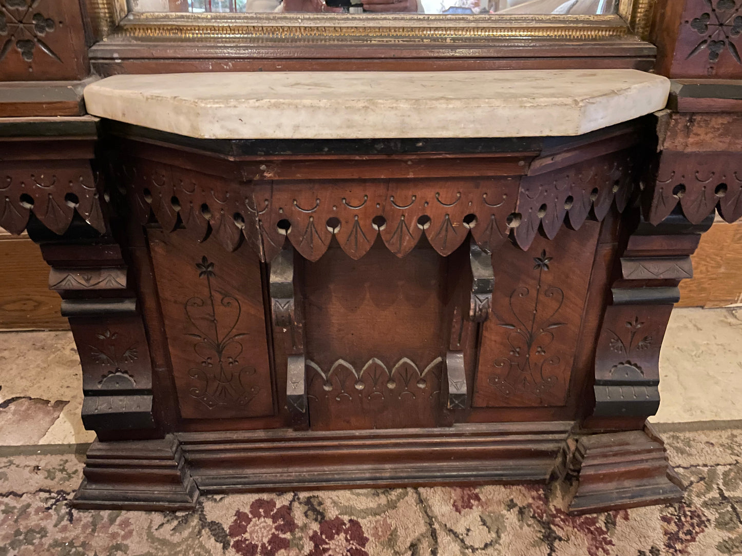 Victorian Carved Wood Mirror With Marble Shelf (store pick up only)