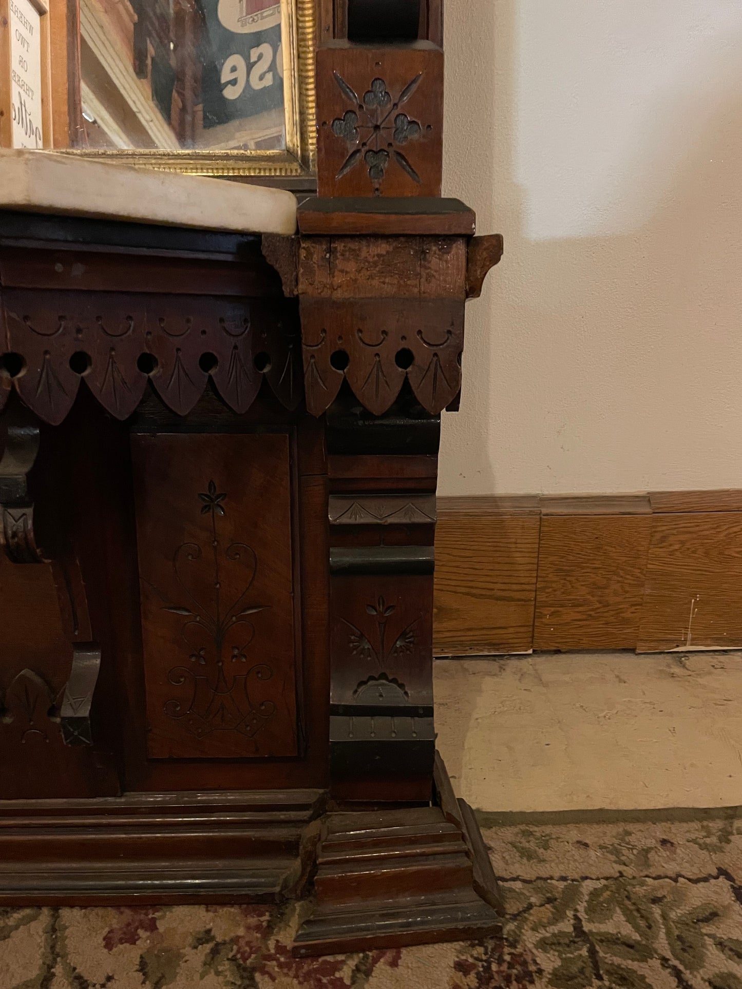 Victorian Carved Wood Mirror With Marble Shelf (store pick up only)