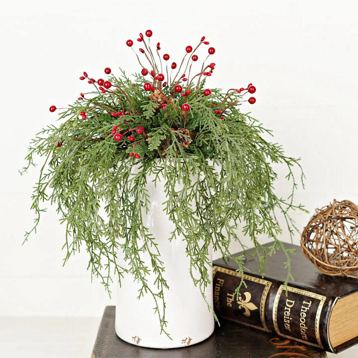 Half-Sphere Wispy Cypress Pine with Red Berries and Pinecones