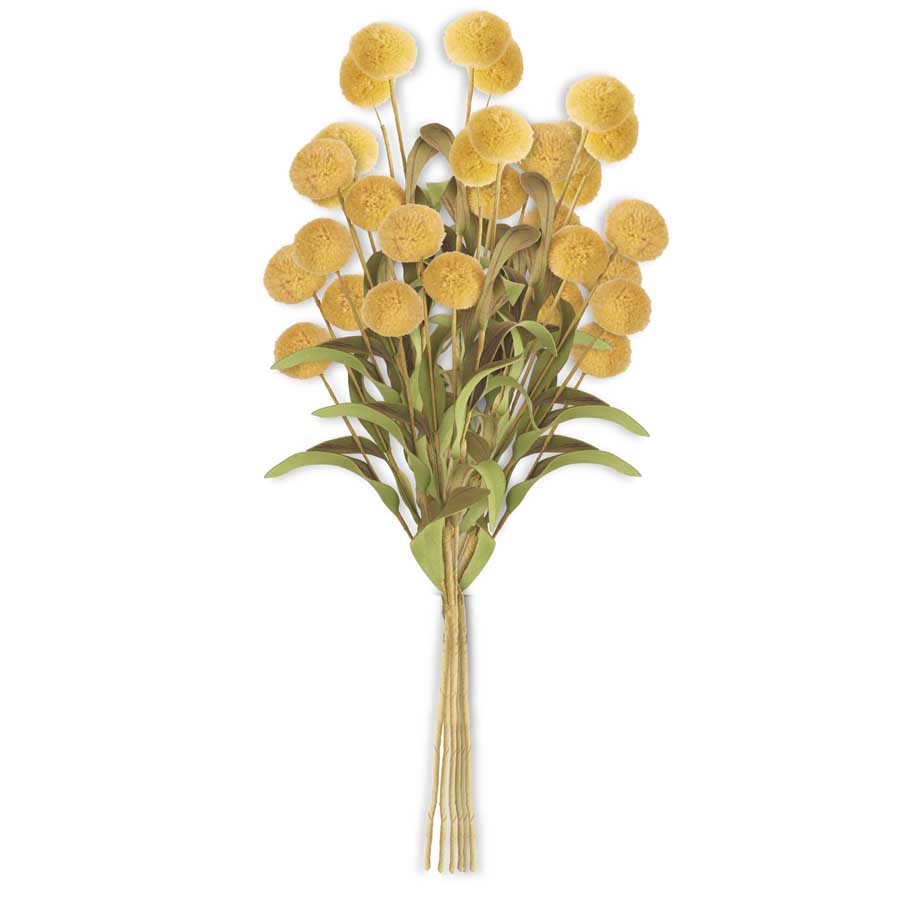 Yellow Pompom Pick with Green Eva Leaves Bundle (6 Stems) - 13