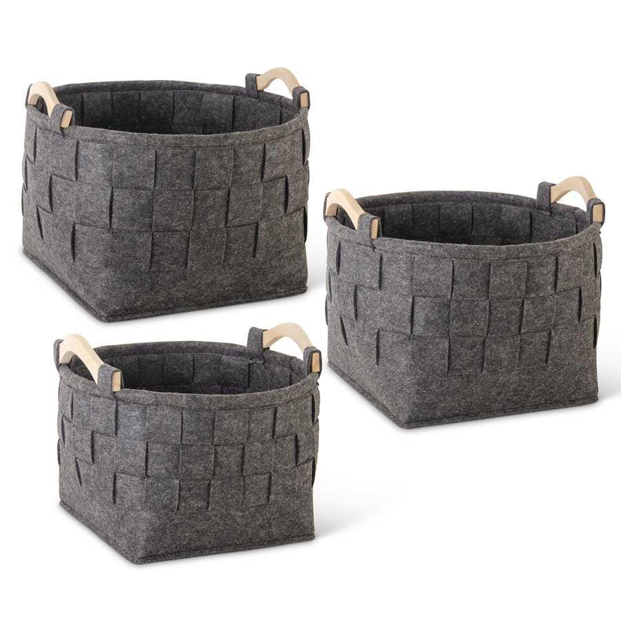 Round Woven Gray Felt Nesting Baskets With Wood Handles - 3 Sizes