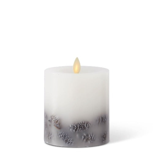 White Wax Pinecone Luminara Indoor Pillar Candle_CLEARANCE stock photo