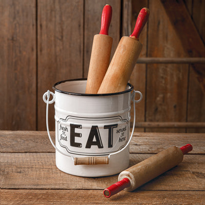 White "Eat" Enamel Bucket