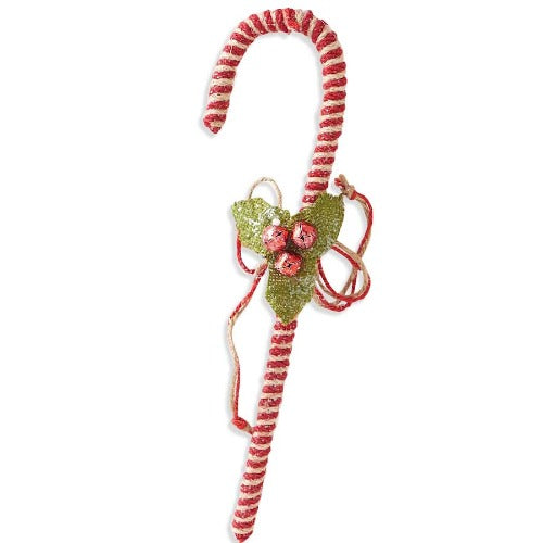 Red Striped Candy Cane with Holly Leaves & Bells Ornament
