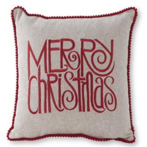 Merry Christmas Square Gray Canvas Pillow With Red Embroidery