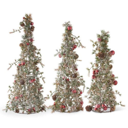 Snowy Pinecone Trees With Mini Pinecones & Red Jingle Bells Set