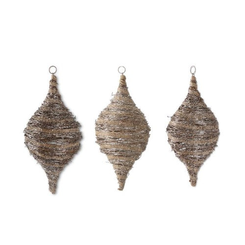 Glittered Rattan and Sisal Teardrop Ornaments - Set of 3