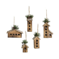 Wood Birdhouse Ornaments With Burlap Pine & Glitter - 5 Styles