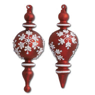 Red & White Glass Teardrop Finial Ornaments With Snowflakes