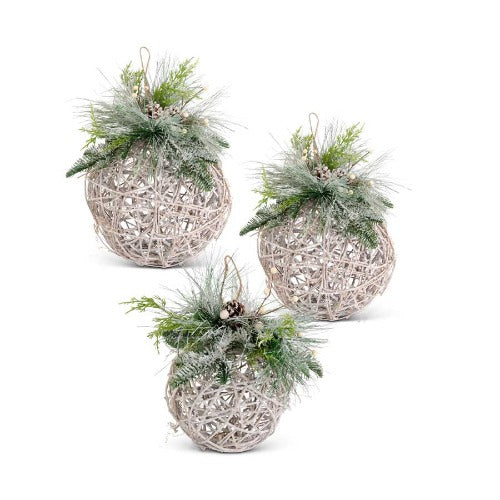 Whitewash Woven Twig Balls With Glittered Greenery - Set of 3