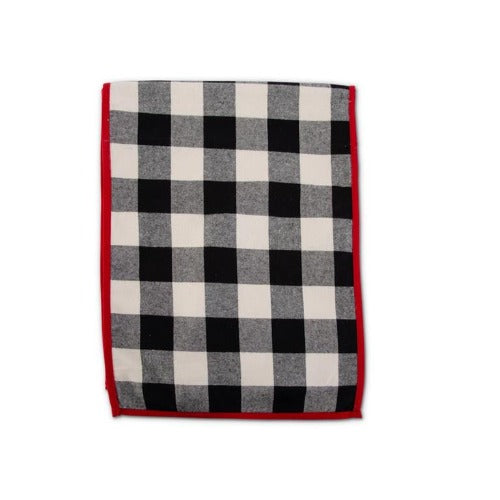 Black & White Buffalo Plaid Table Runner With Red Piping